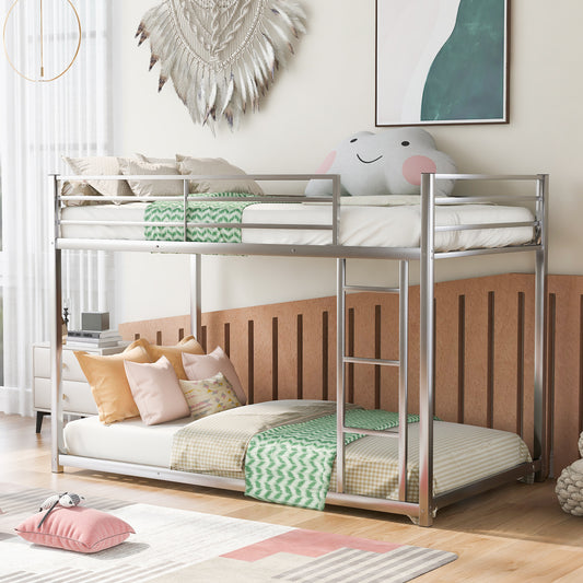 TREATLIFE HOME Twin Over Twin Metal Bunk Bed, Low Bunk Design with Ladder for Safety, Silver Finish