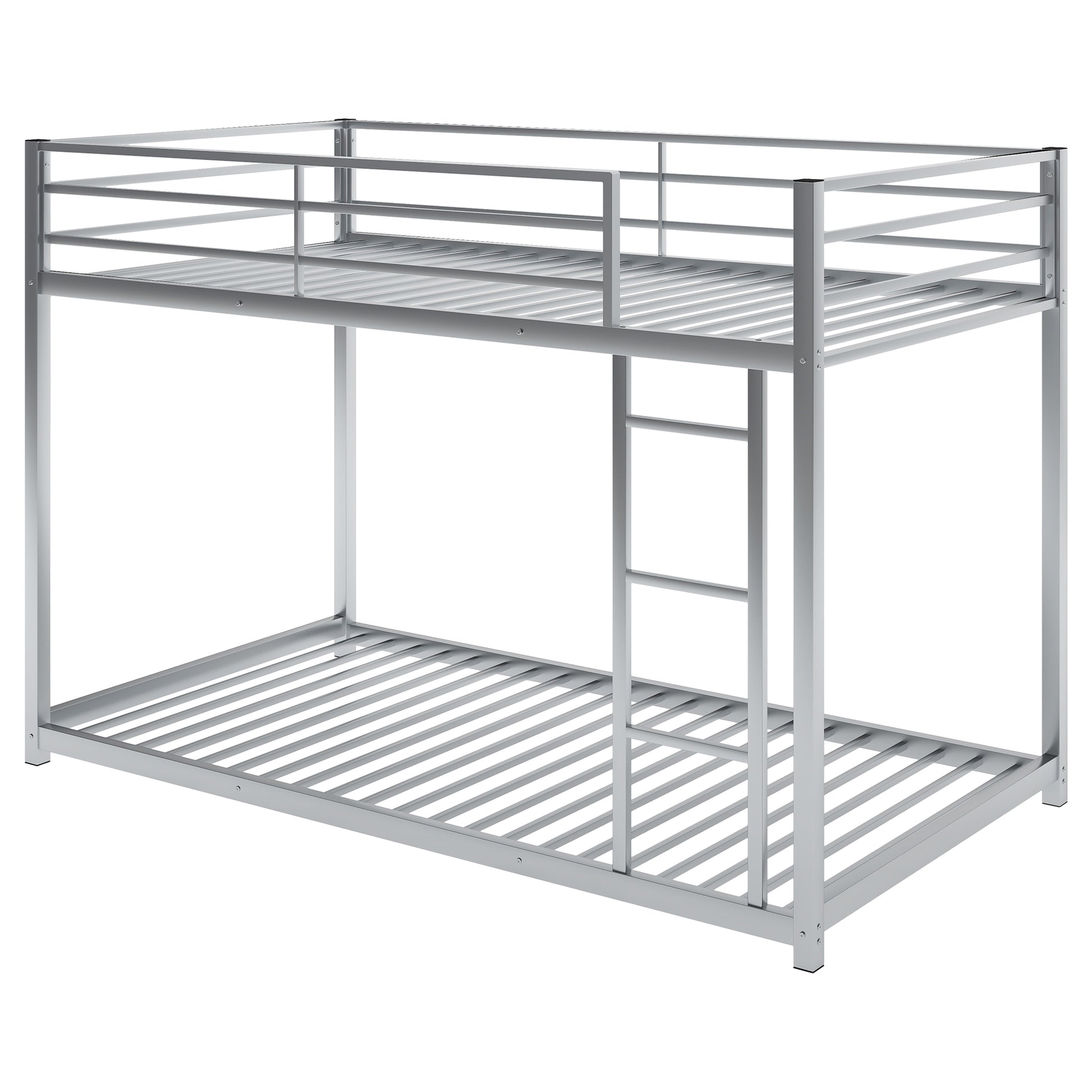 Silver metal twin bunk bed with ladder and guardrails