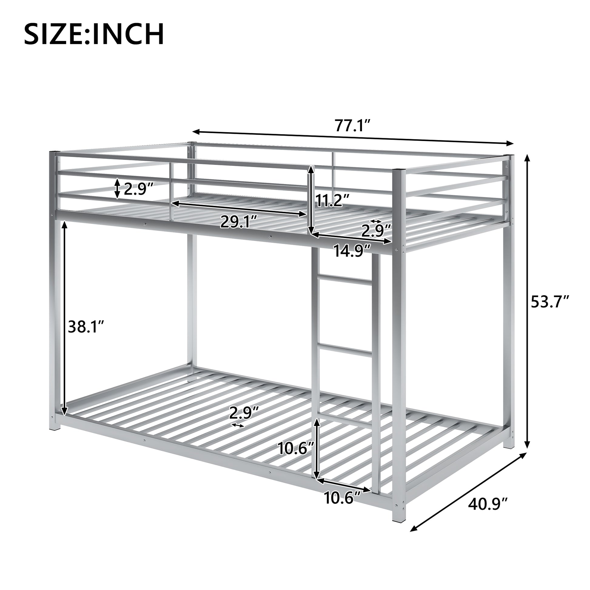 Silver metal twin over twin bunk bed with dimensions