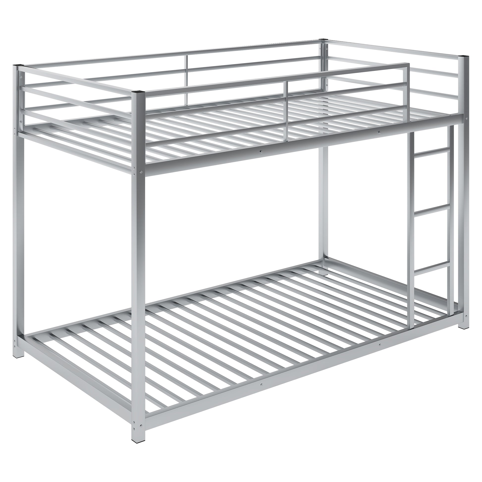 Silver metal twin over twin bunk bed with ladder and guardrails