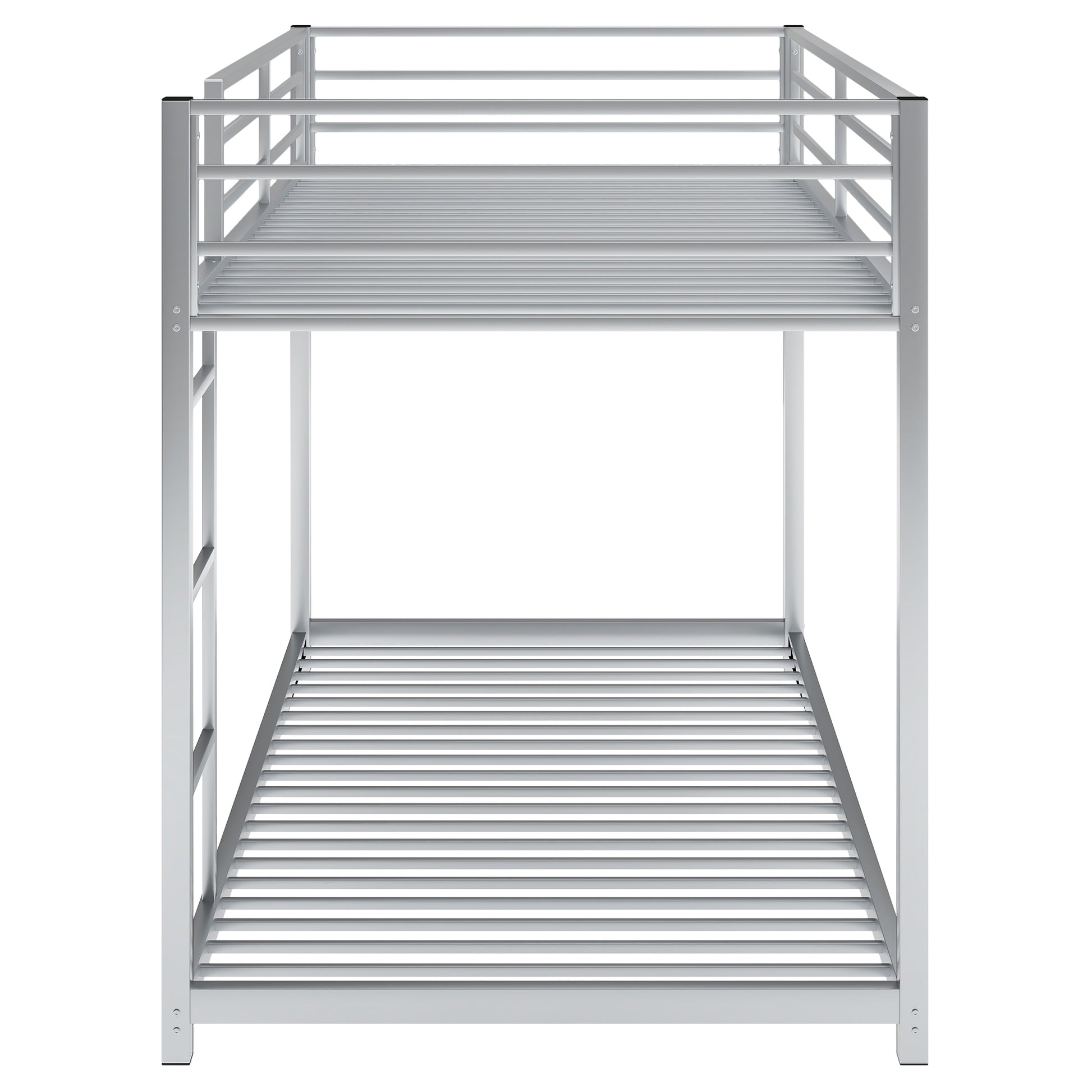 Silver metal bunk bed frame with twin size mattresses