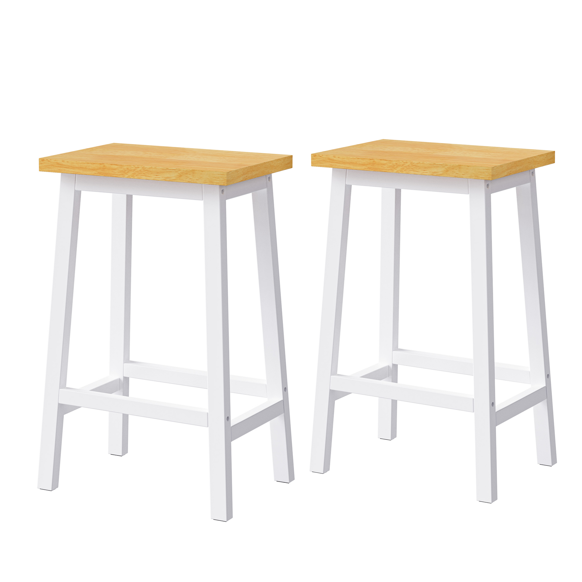 Two white wooden counter stools with natural wood seats perfect for a modern kitchen