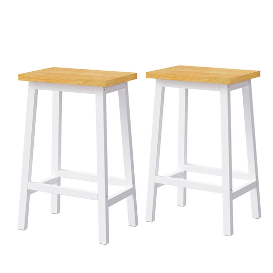 Two white wooden counter stools with natural wood seats perfect for a modern kitchen