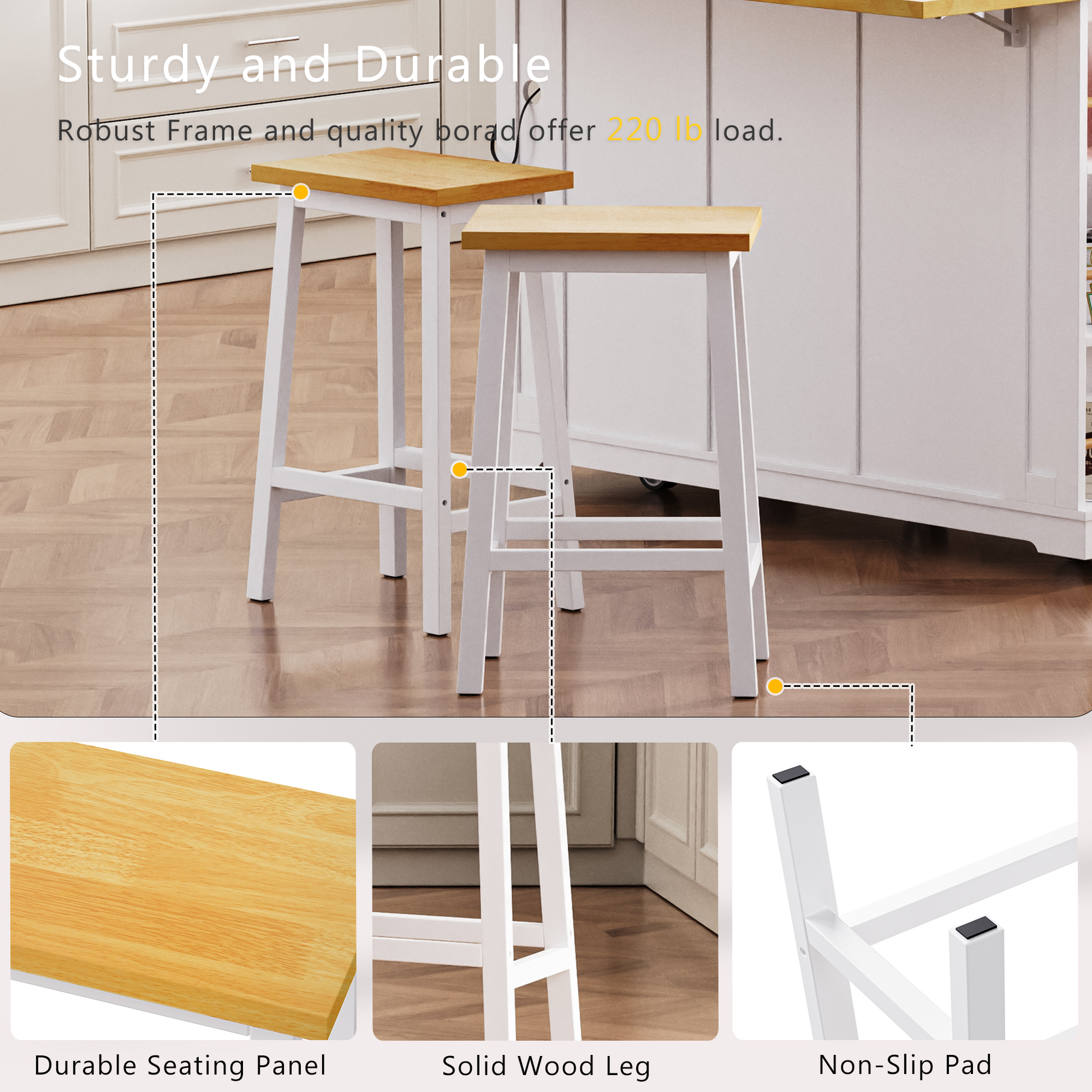 White bar stool with natural wood seat and sturdy frame perfect for kitchen islands