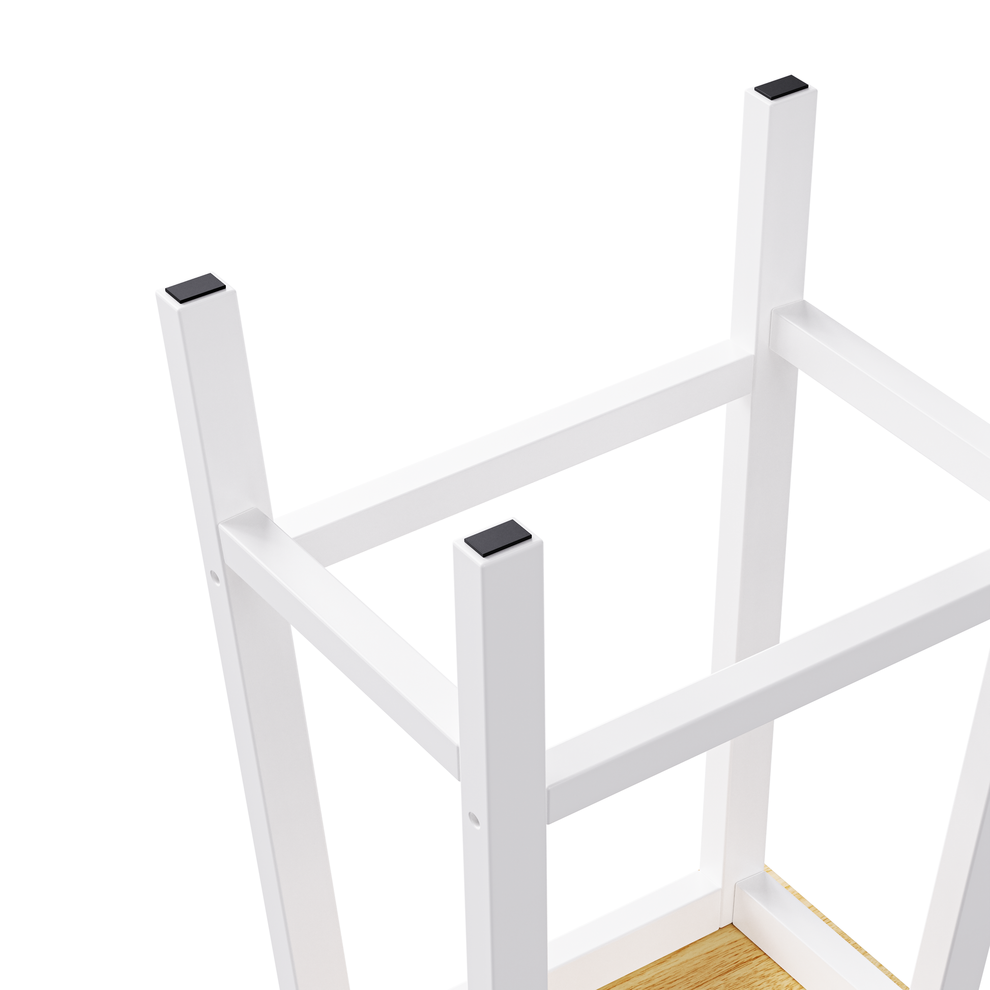 White metal stool legs with black protective feet on a light wood base