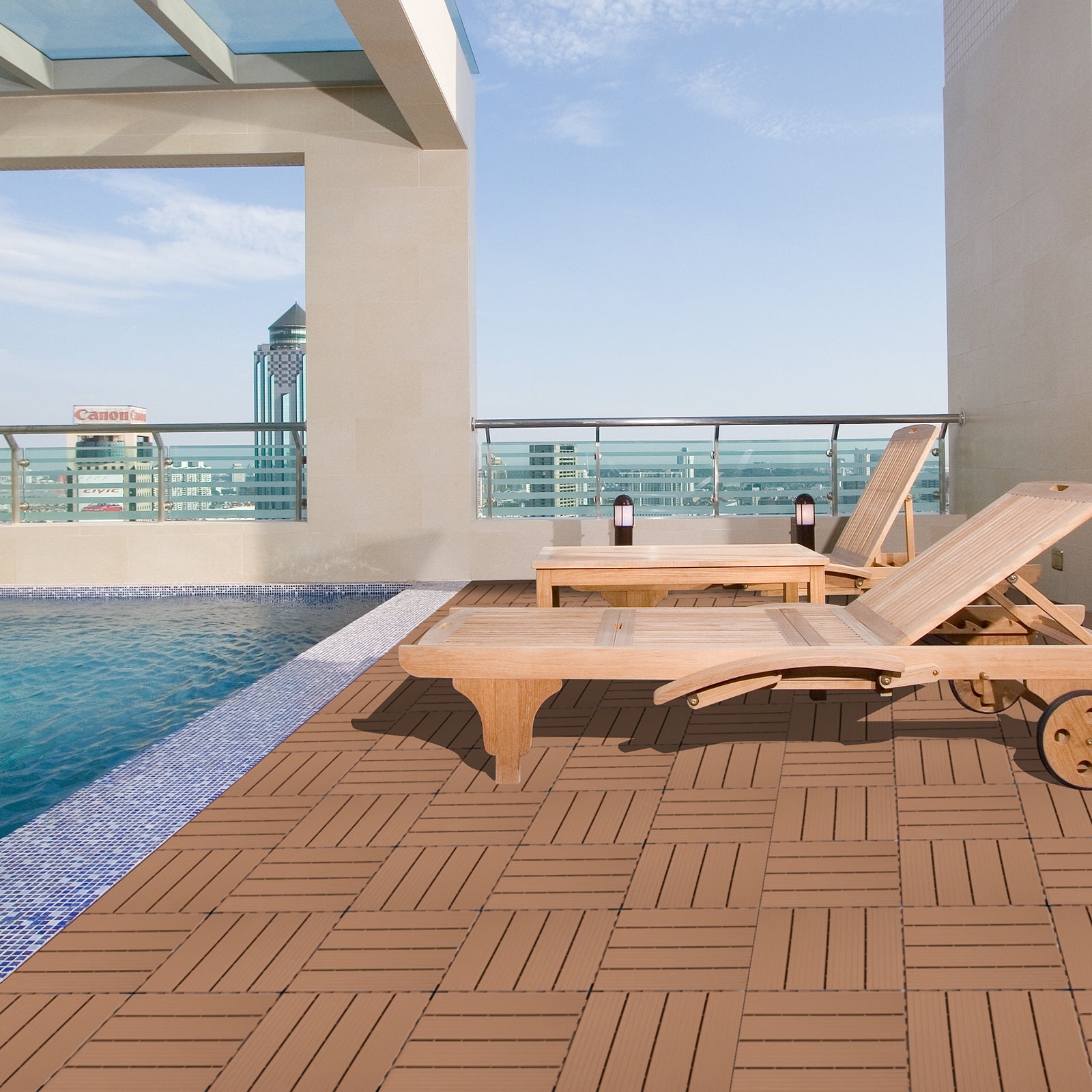 Wooden deck tiles with interlocking design create a warm outdoor patio space