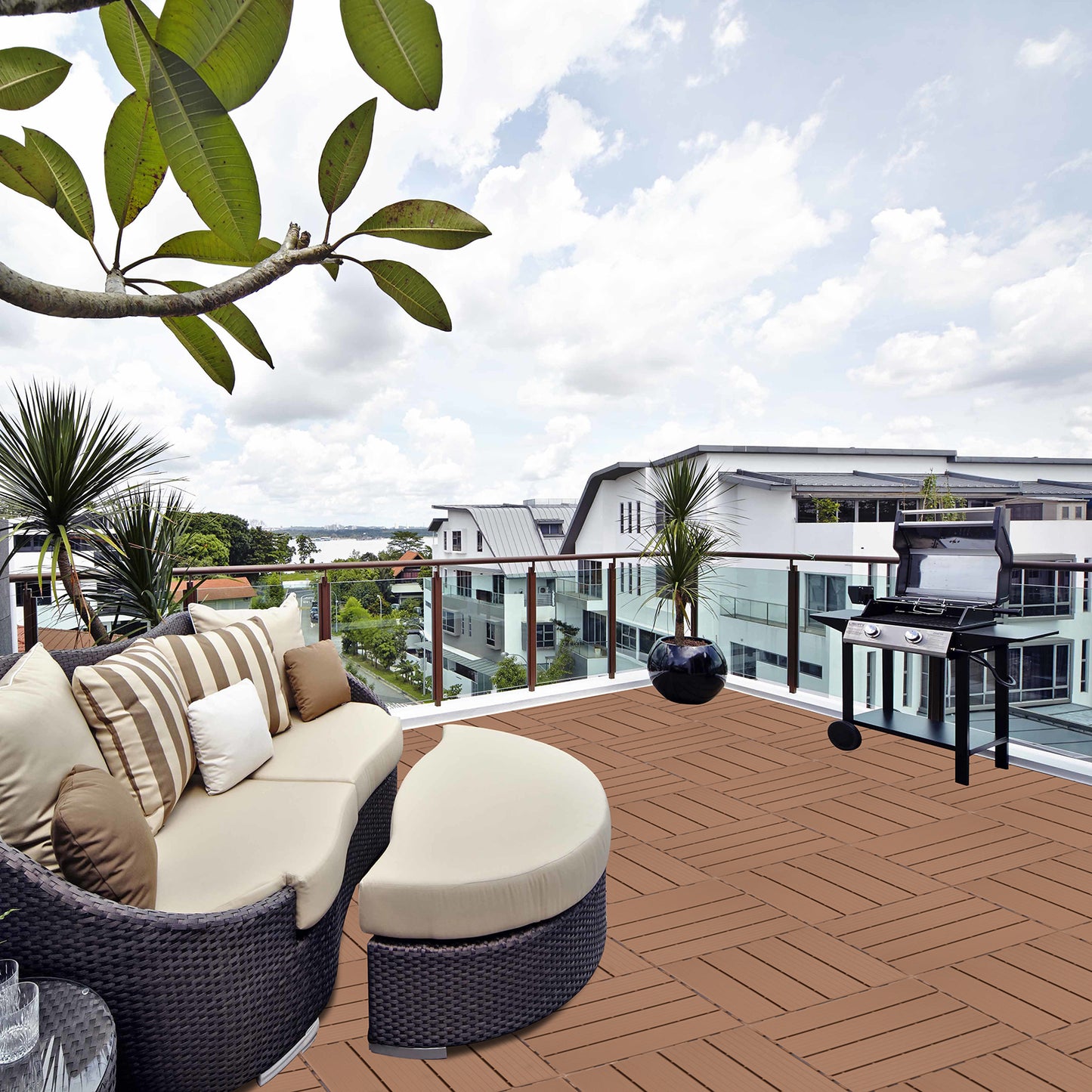 Outdoor wicker sectional sofa with striped cushions for patio relaxation