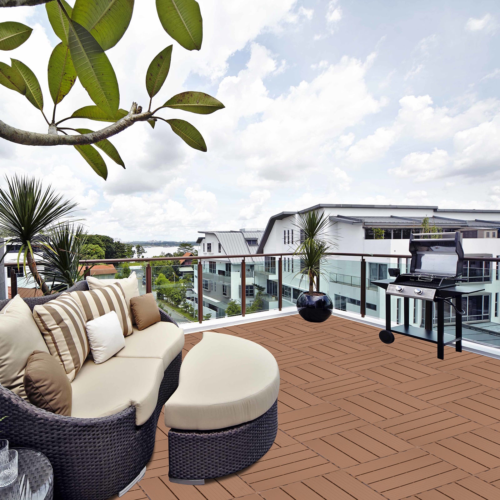 Outdoor wicker sectional sofa with striped cushions for patio relaxation