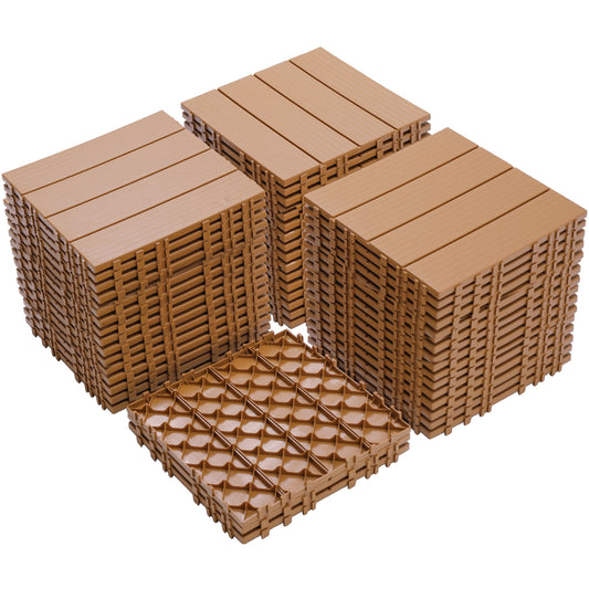 Tan interlocking deck tiles with a wood grain finish  stacks shown