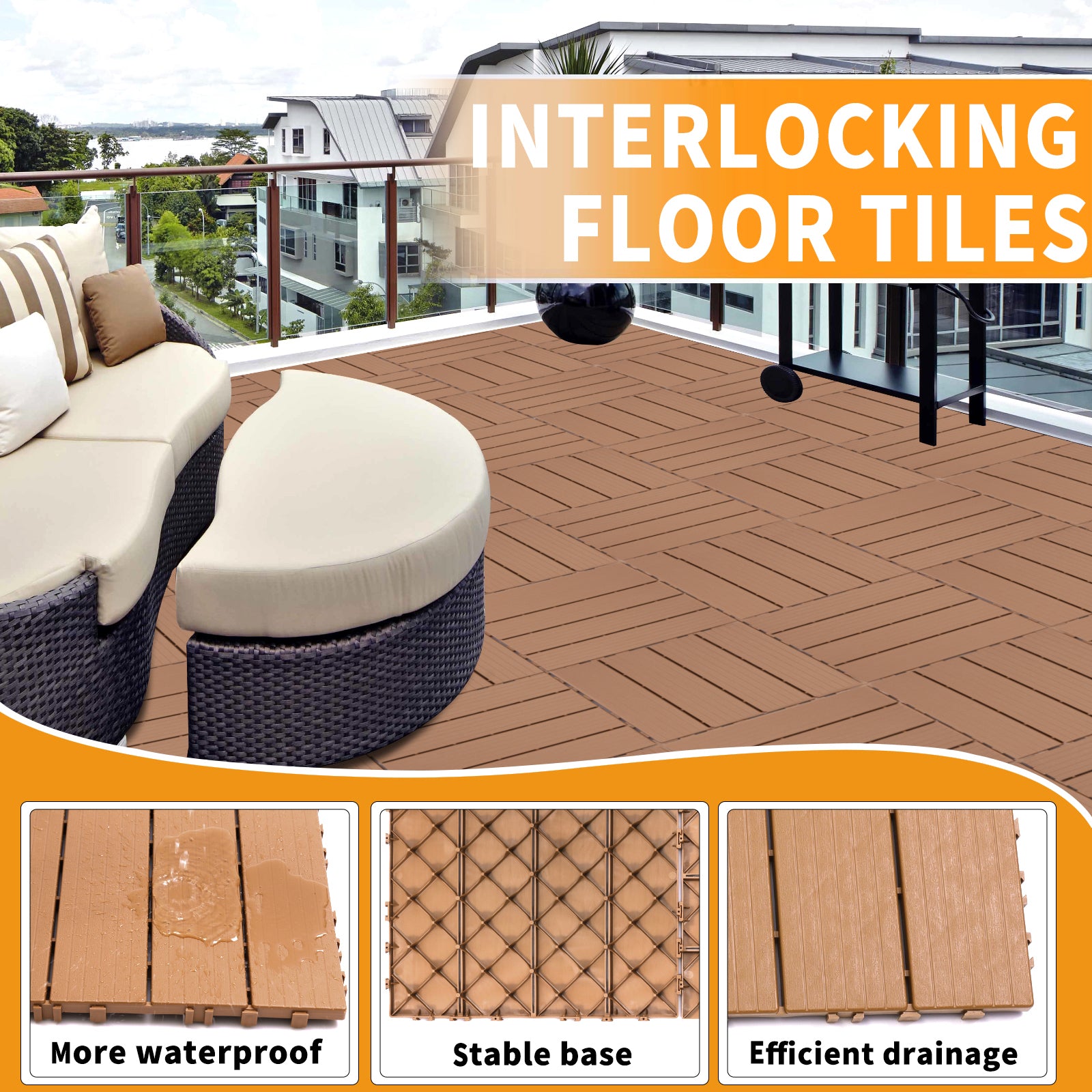 Brown interlocking floor tiles laid on a balcony with outdoor furniture