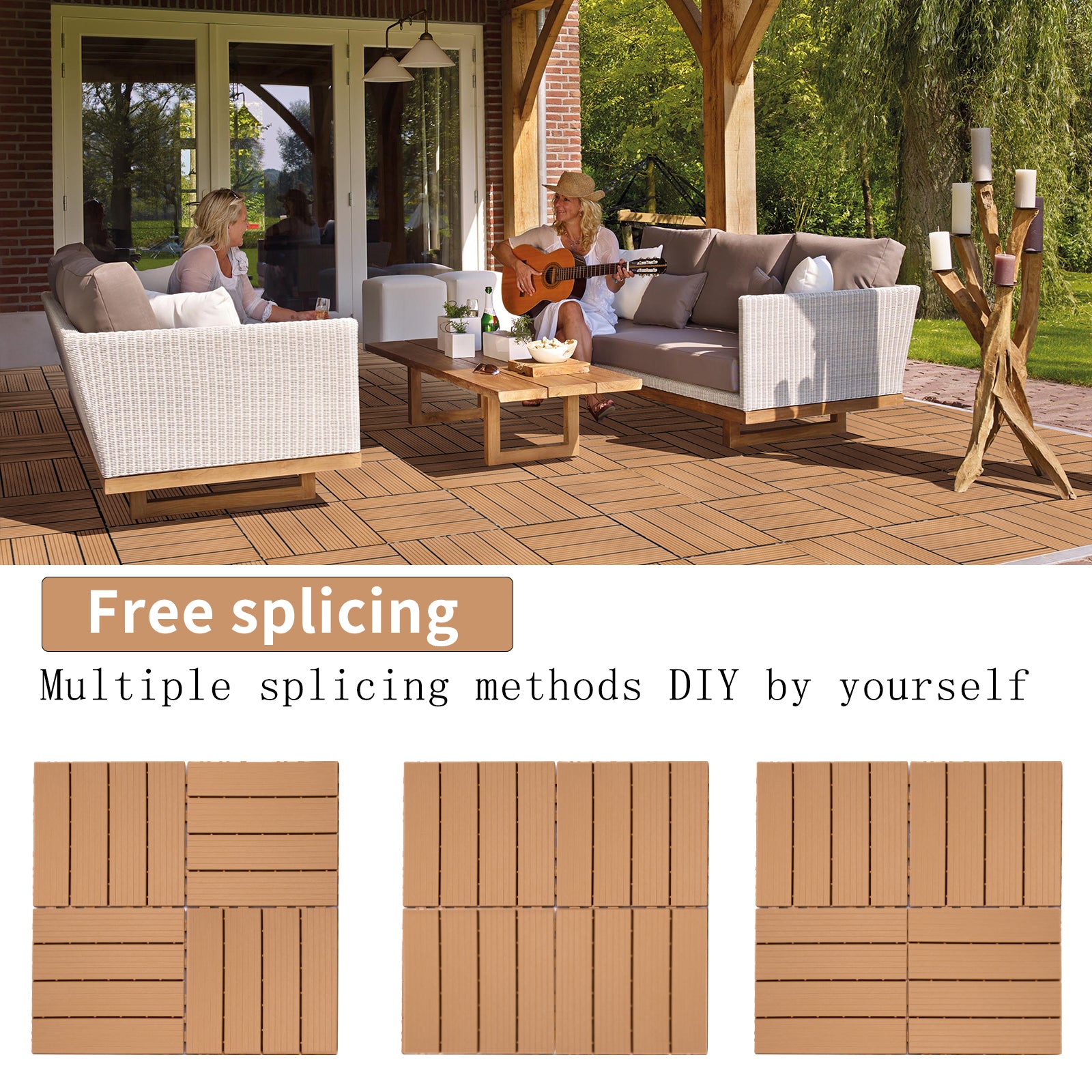 Brown composite decking tiles arranged in a garden patio with outdoor furniture