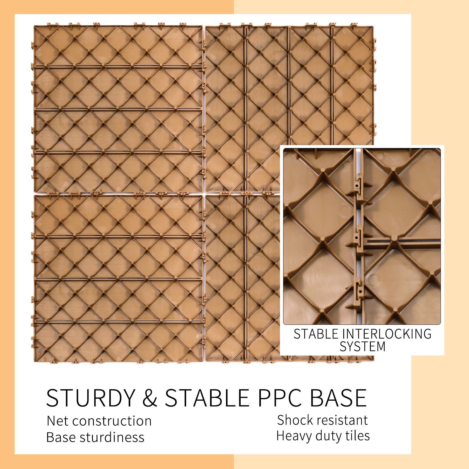 Brown plastic interlocking tiles with a diamond pattern for a stable PPC base