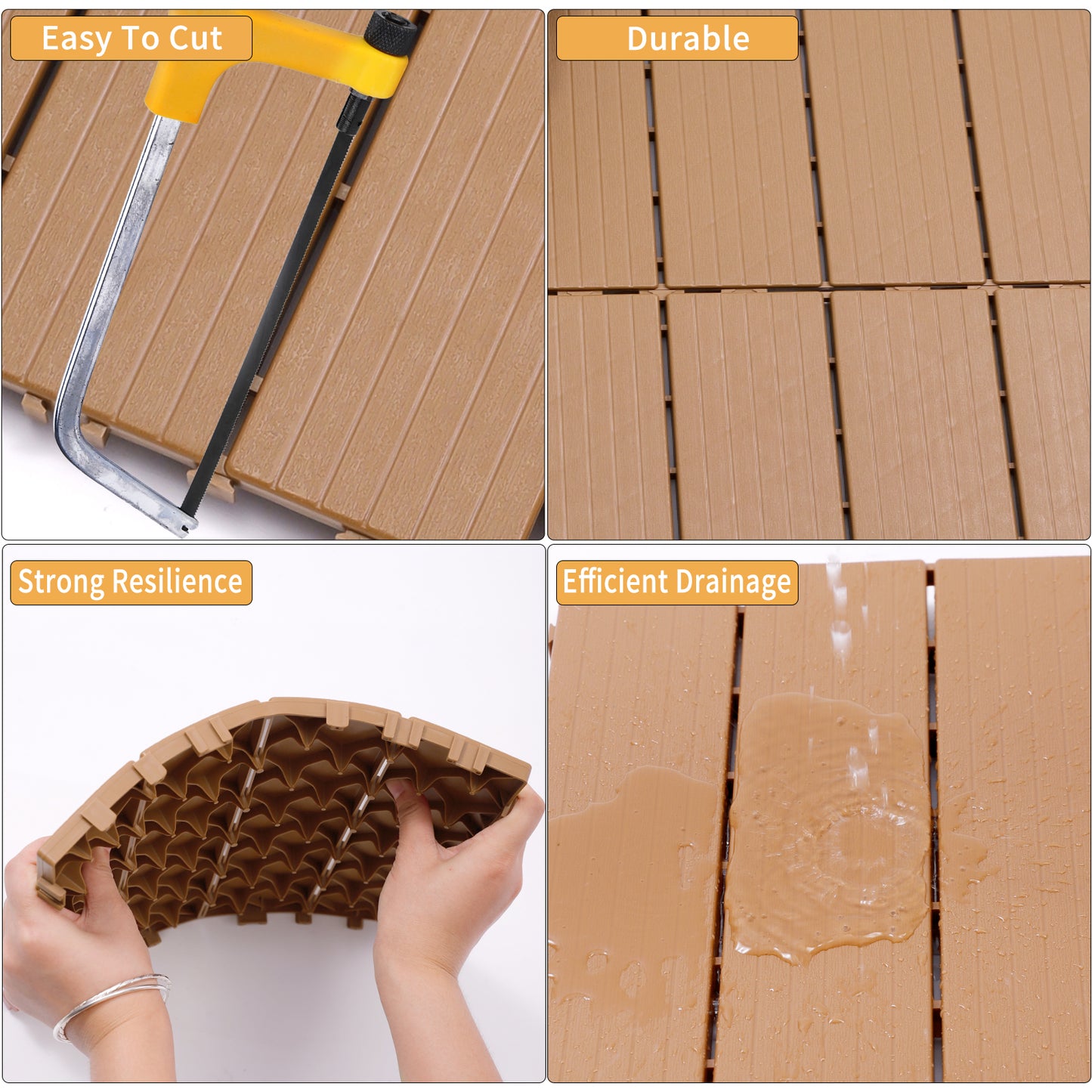 Brown composite decking tile being cut with a yellow handsaw