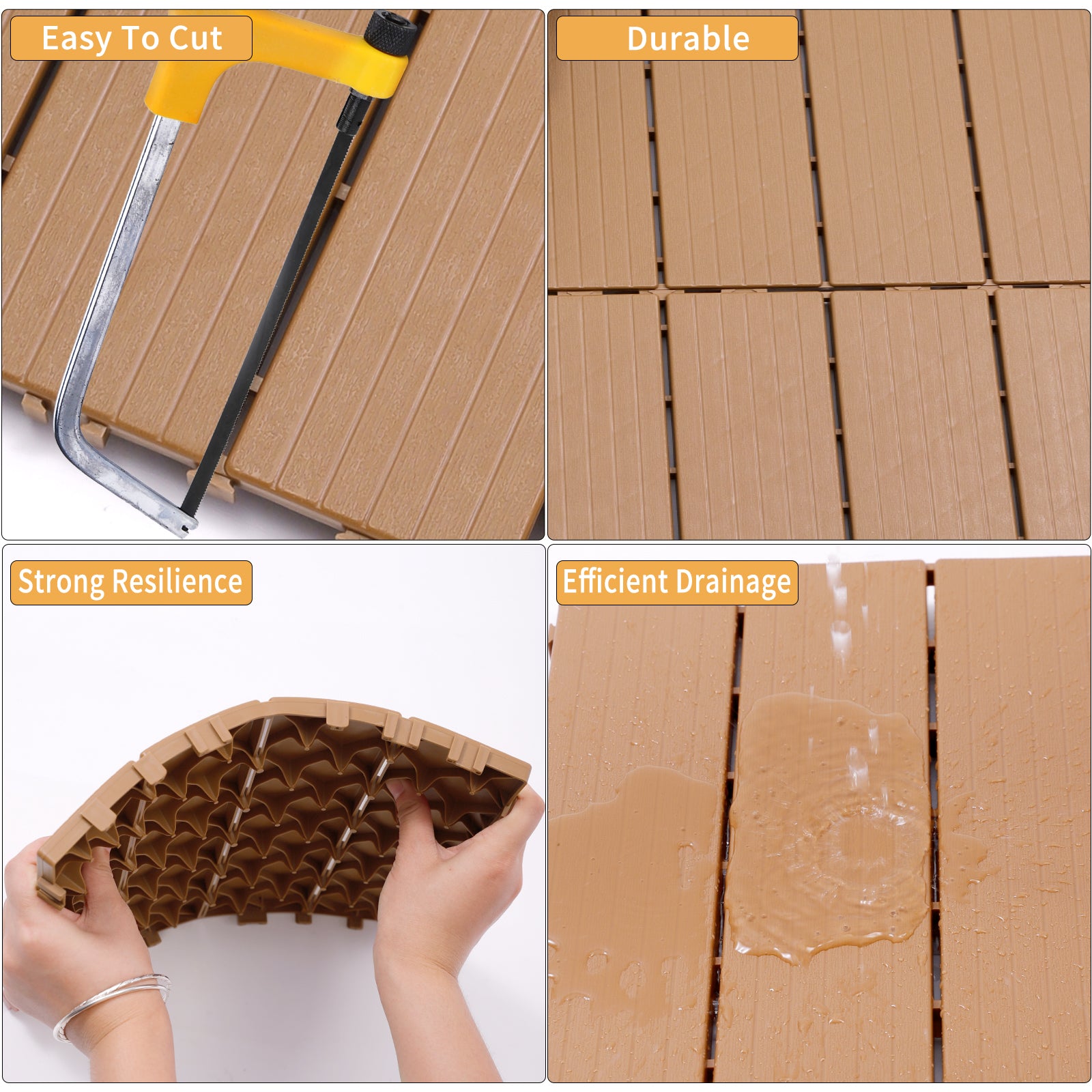 Brown composite decking tile being cut with a yellow handsaw