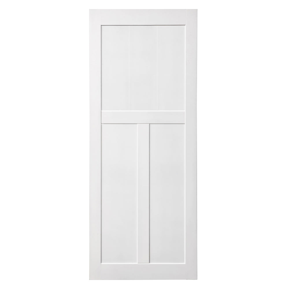 White shaker interior door with three vertical panels