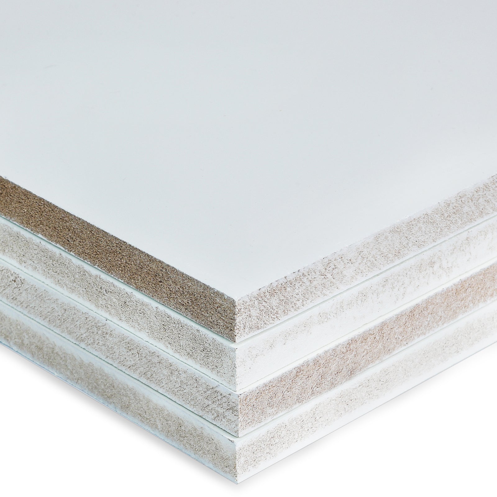 Stack of five white MDF boards with exposed particleboard edges