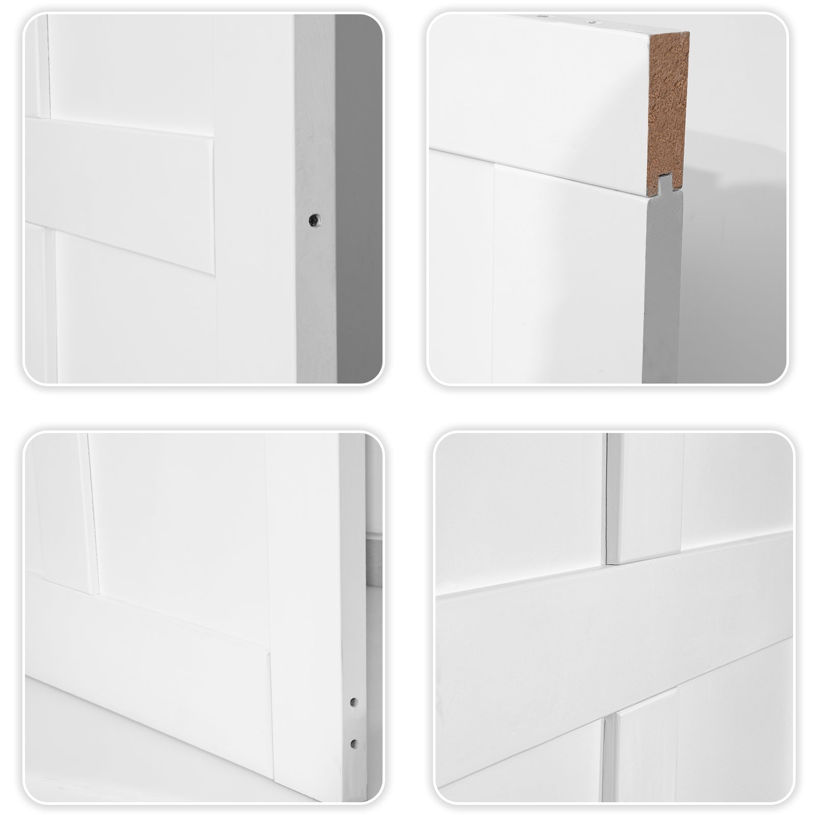 Closeup of white paneled closet door construction detail