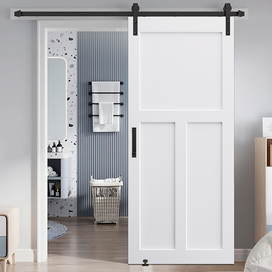 White shaker barn door with black hardware