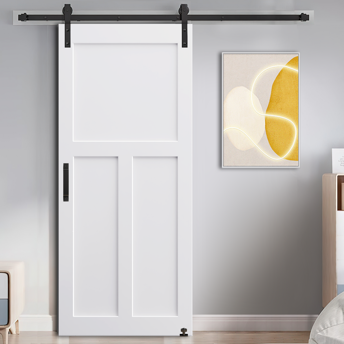 White paneled sliding barn door with black hardware