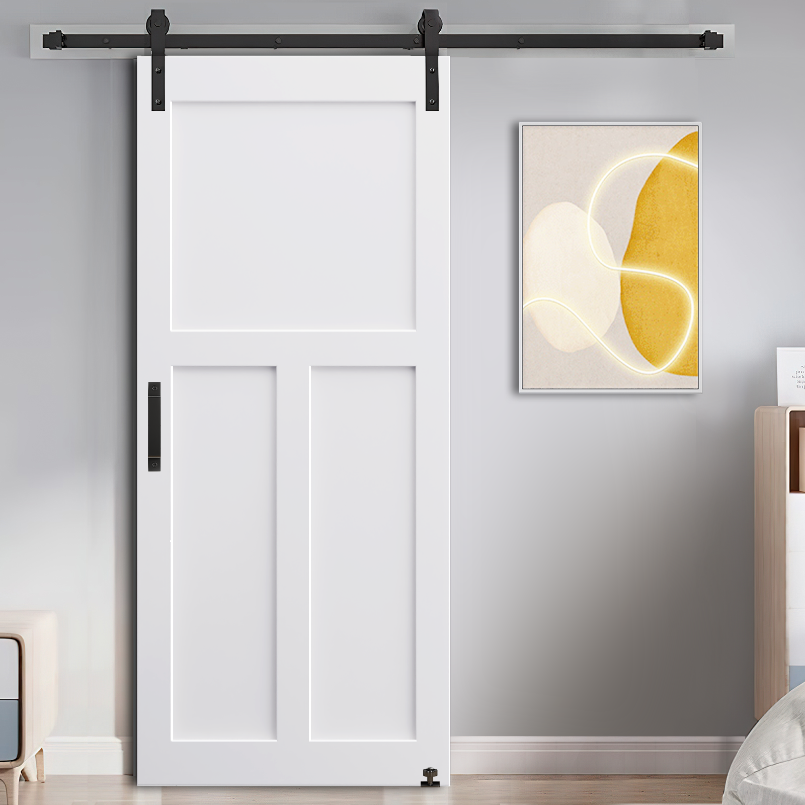 White paneled sliding barn door with black hardware