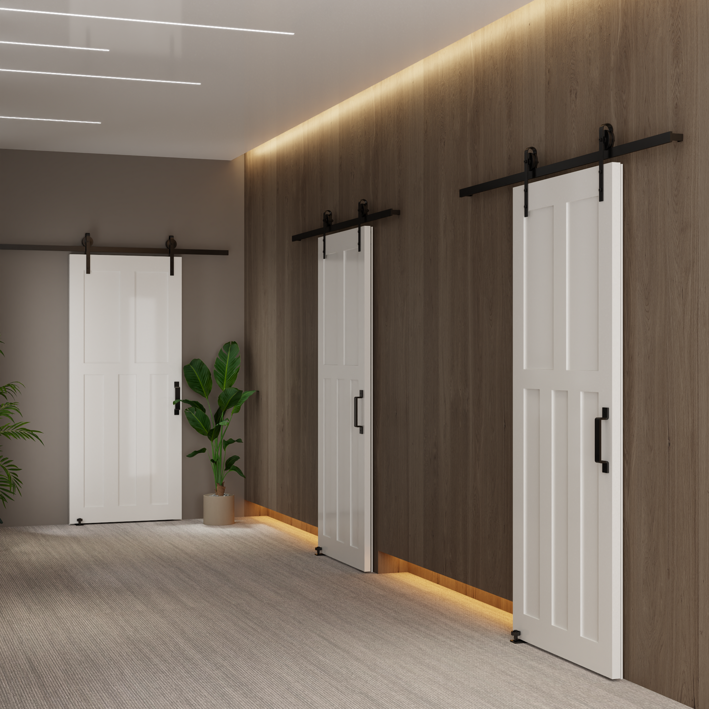 White shaker barn door with black hardware on wood paneled wall