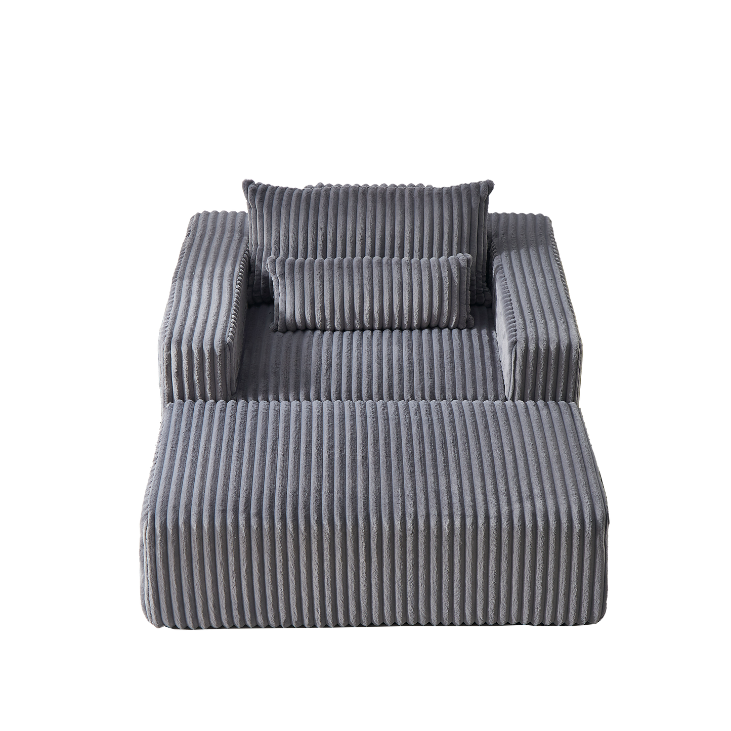 Grey corduroy plush sofa with textured cushions and a cozy feel