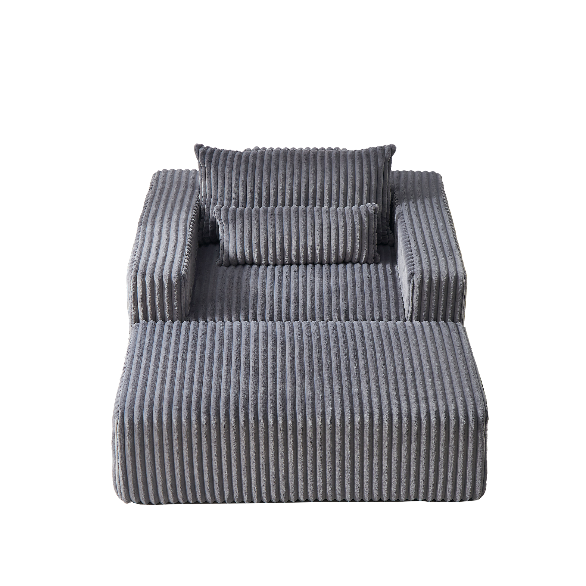 Grey corduroy plush sofa with textured cushions and a cozy feel