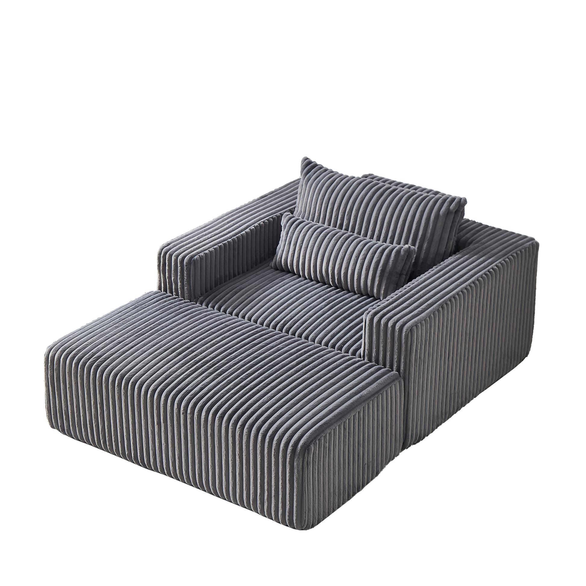 Plush grey corduroy sectional sofa with matching ottoman and throw pillows