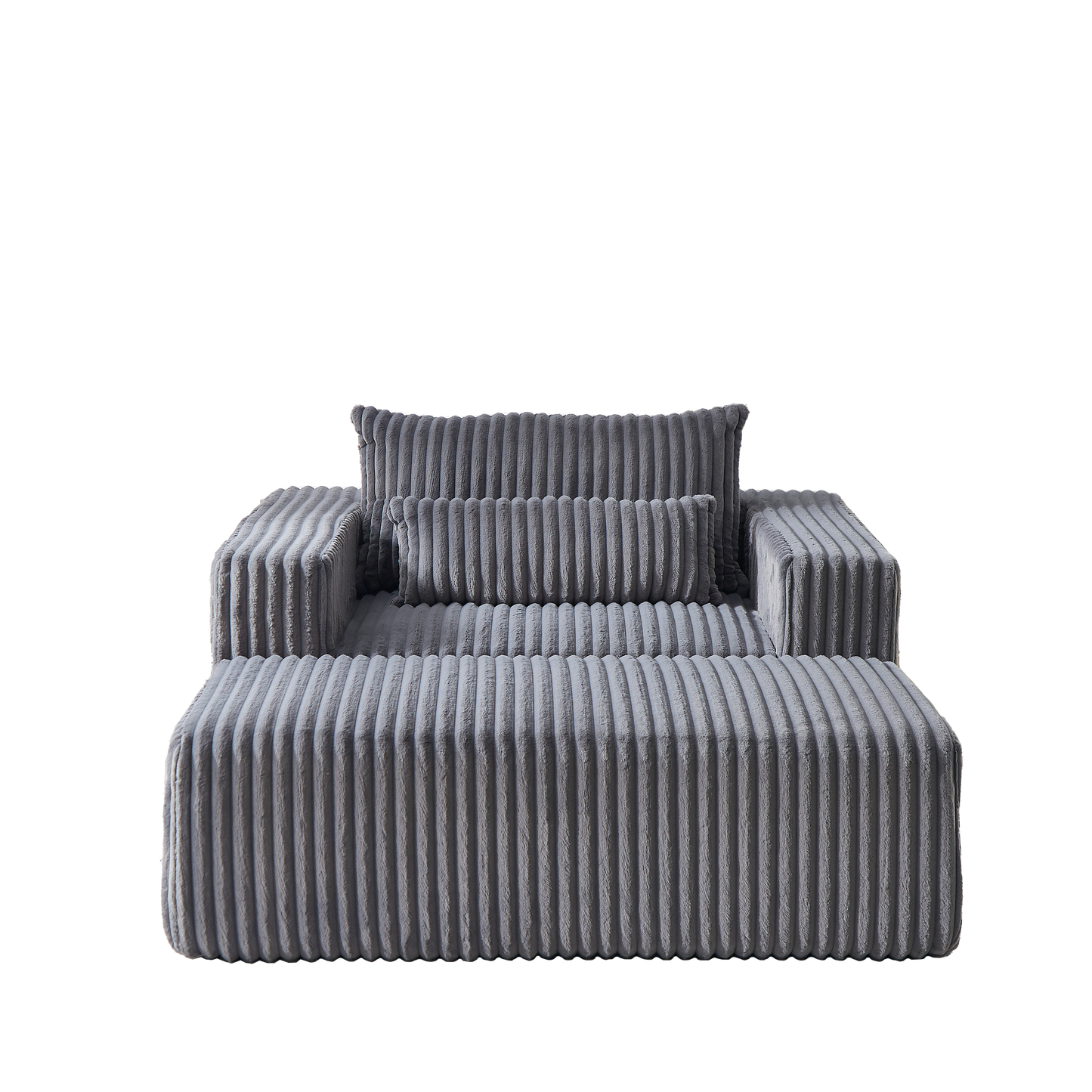 Plush grey corduroy sofa with a modular design and matching ottoman perfect for modern living rooms