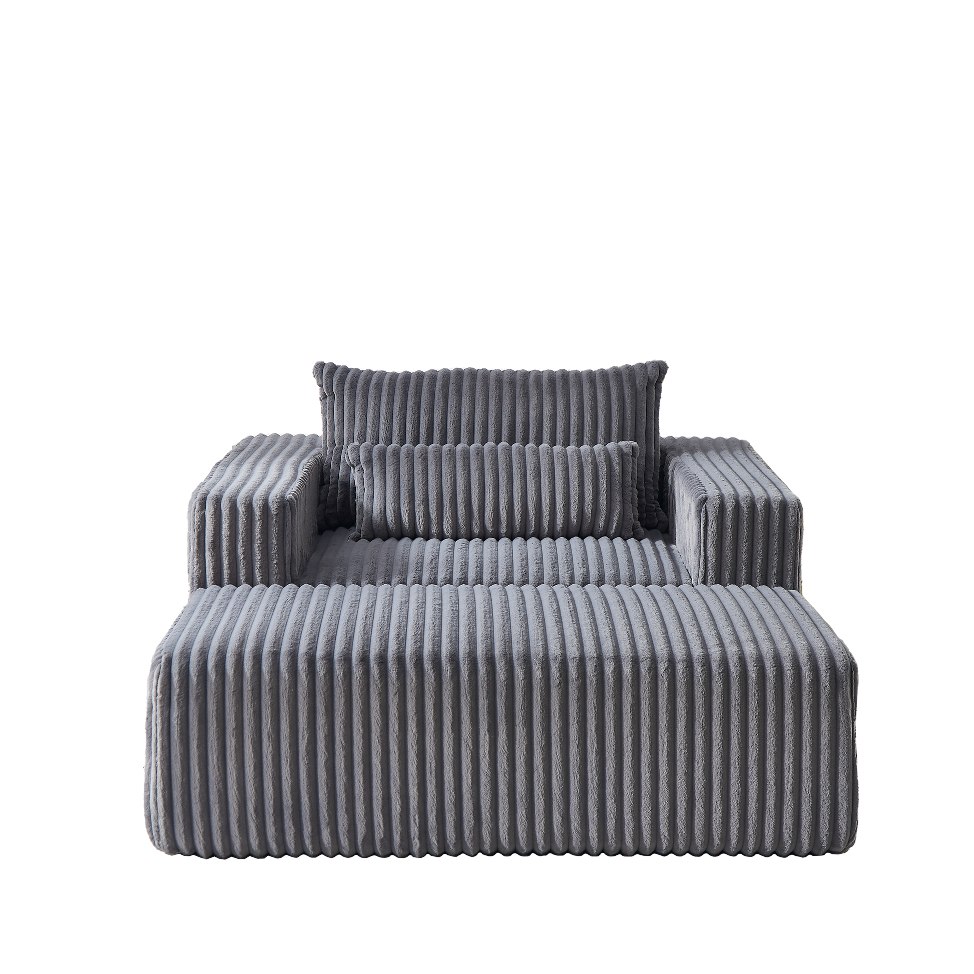 Plush grey corduroy sofa with a modular design and matching ottoman perfect for modern living rooms