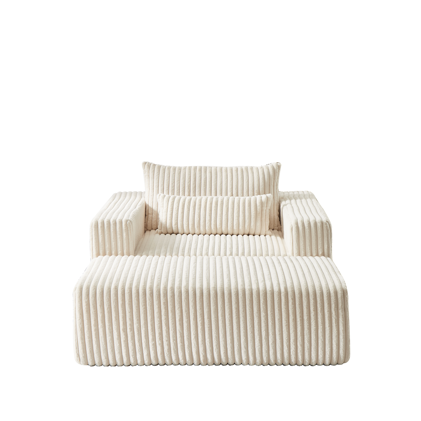 Cream corduroy sofa with plush cushions and matching ottoman modern lounge furniture