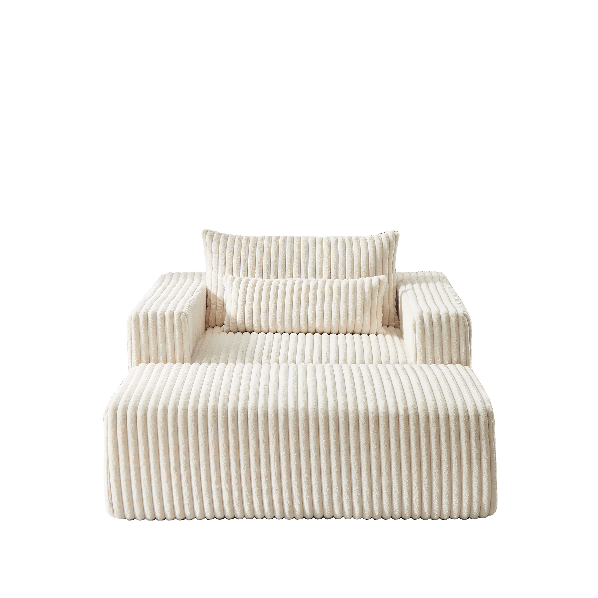 Cream corduroy sofa with plush cushions and matching ottoman modern lounge furniture