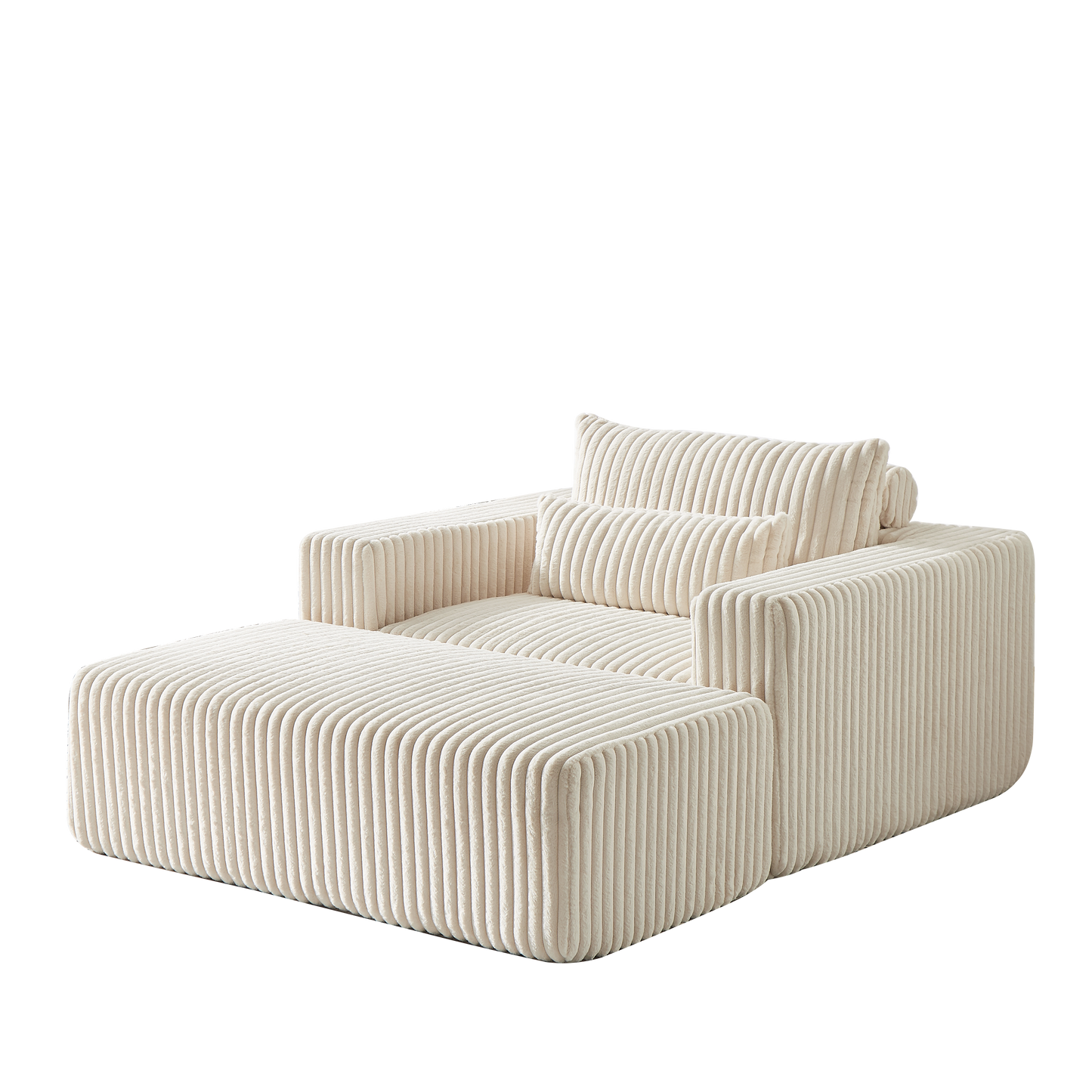 Plush beige corduroy accent chair with matching ottoman and lumbar pillow