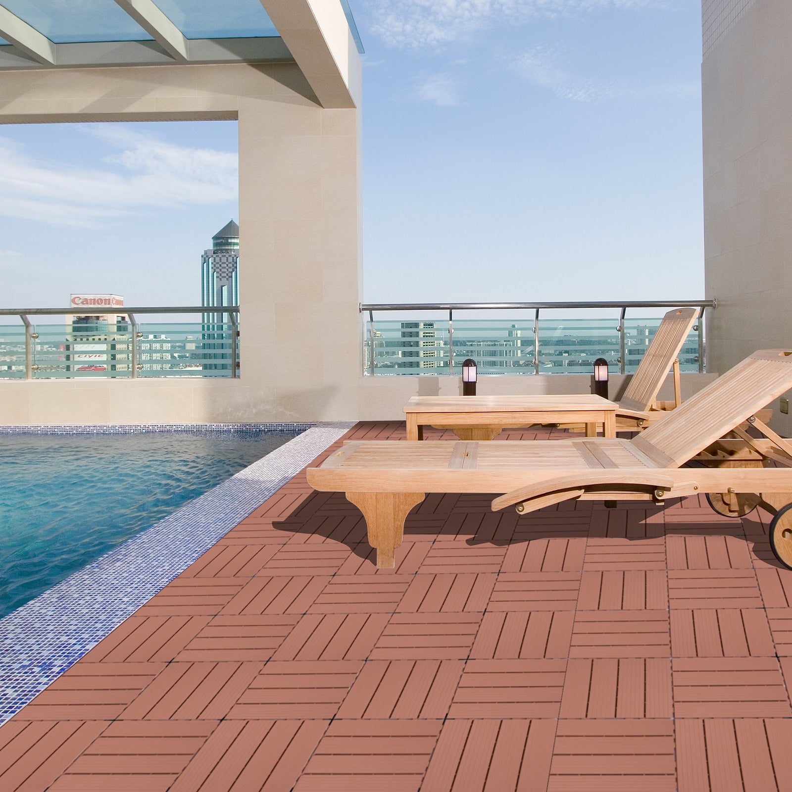 Terracotta interlocking deck tiles create a warm natural outdoor patio space