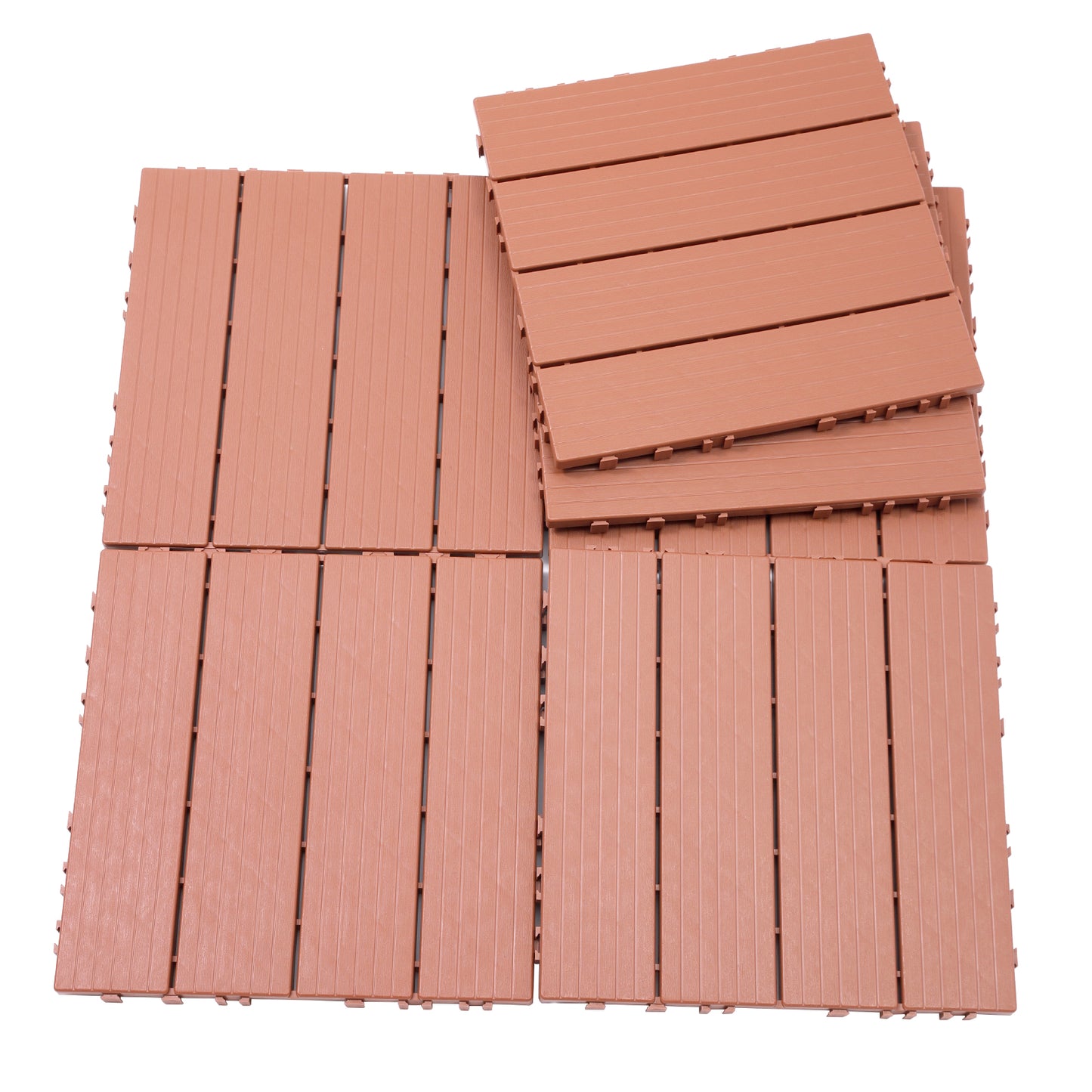 Brown interlocking composite deck tiles with grooved surface texture