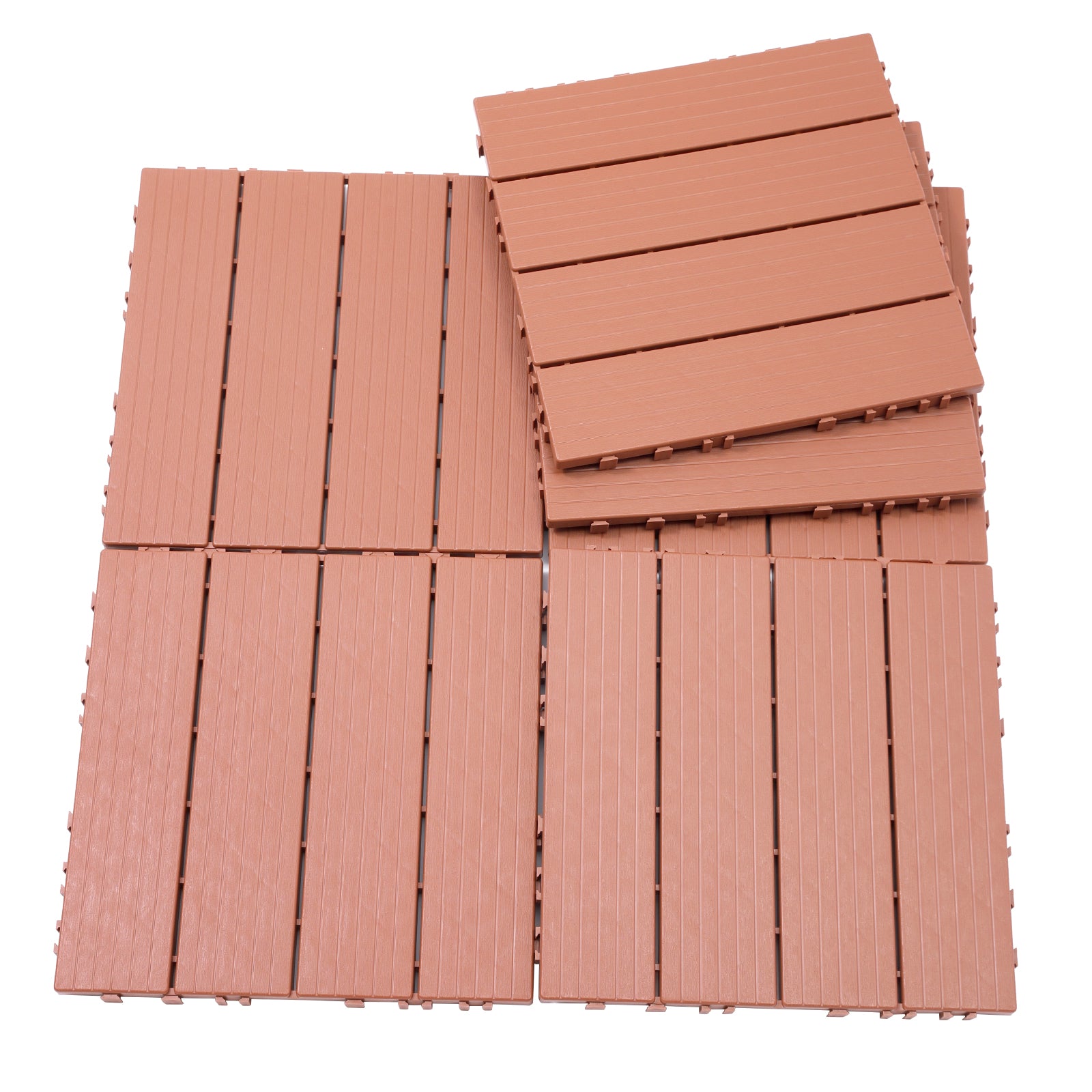 Brown interlocking composite deck tiles with grooved surface texture