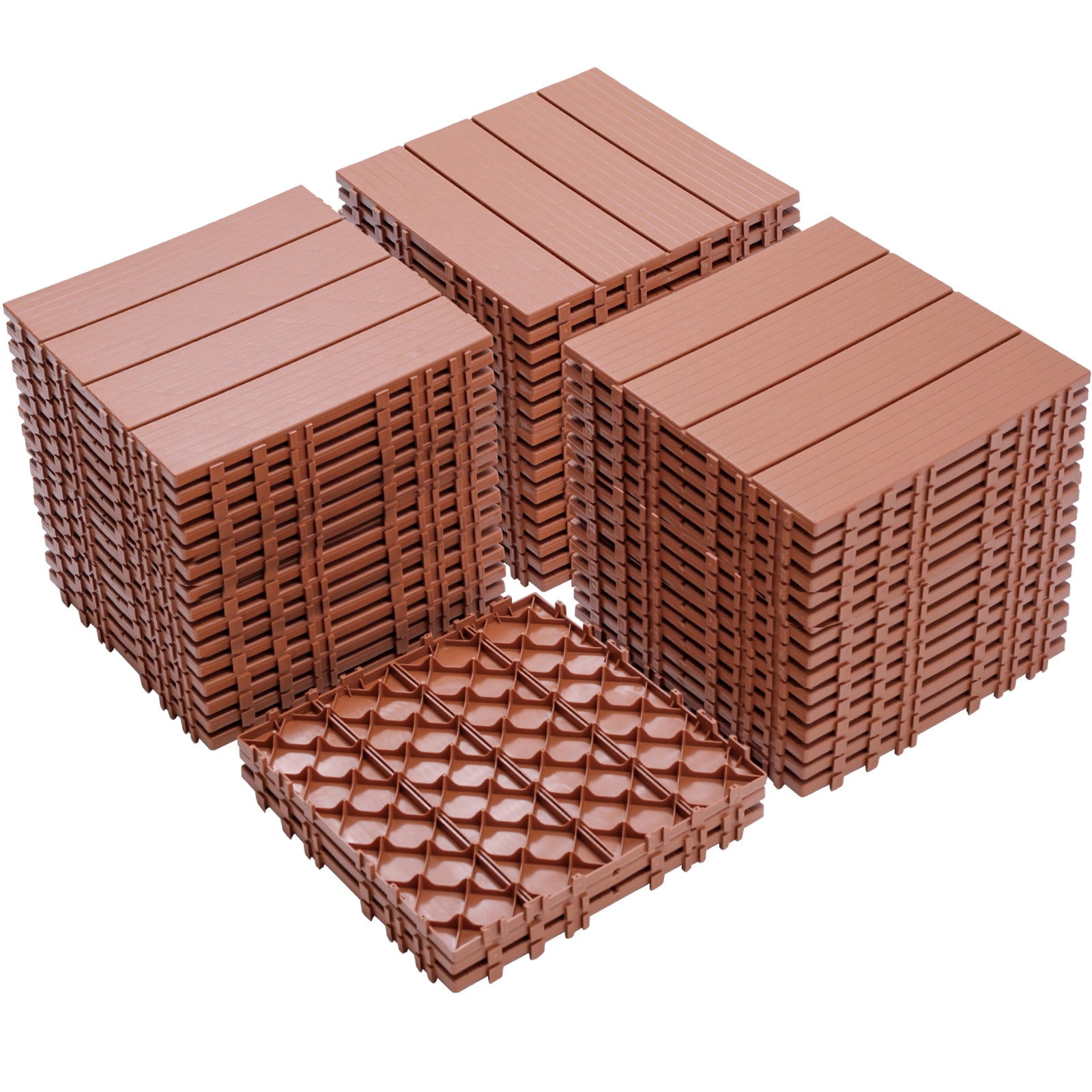 Brown interlocking deck tiles stacked featuring a woodgrain texture and interlocking base for outdoor flooring