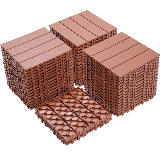 Brown interlocking deck tiles stacked featuring a woodgrain texture and interlocking base for outdoor flooring