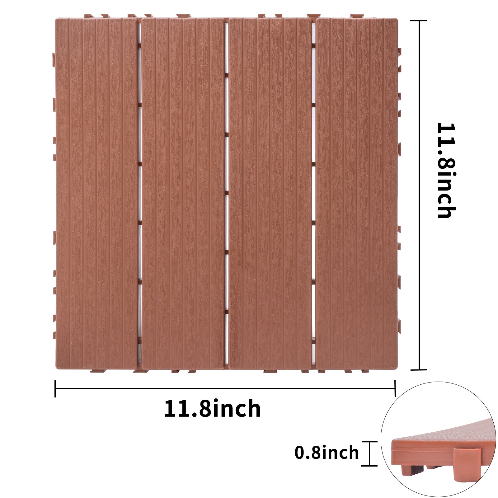 Brown interlocking deck tiles with wood grain texture  x  inches