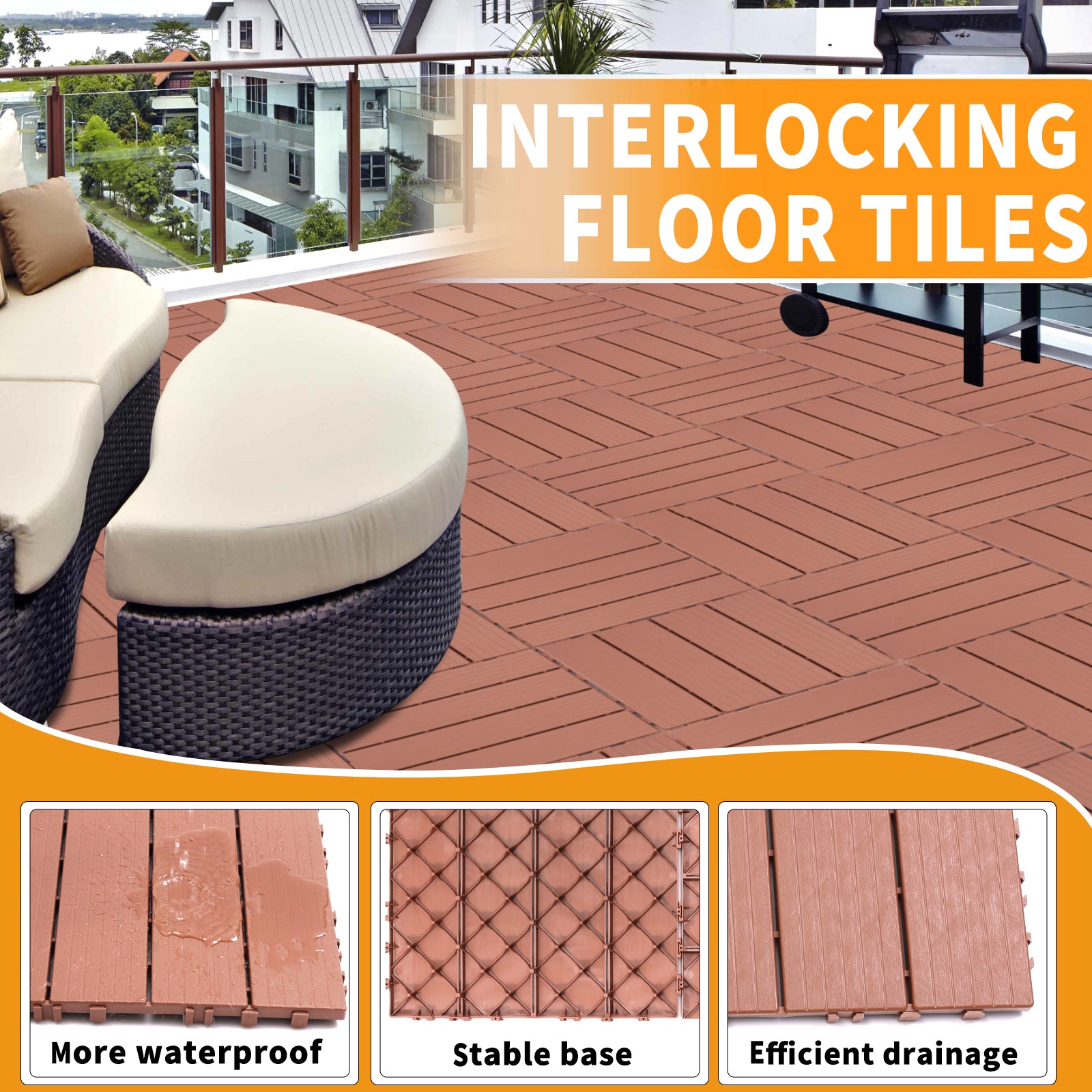 Red interlocking floor tiles with a wood grain texture on a patio