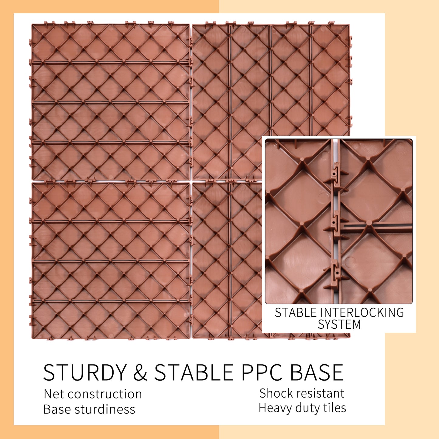 Brown interlocking deck tiles with diamond grid pattern and visible locking mechanism