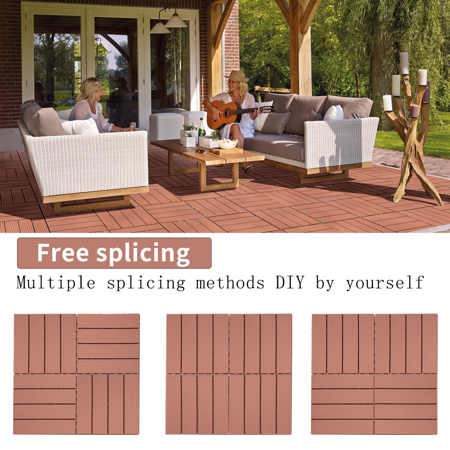 Terracotta composite decking tiles arranged on an outdoor patio with furniture