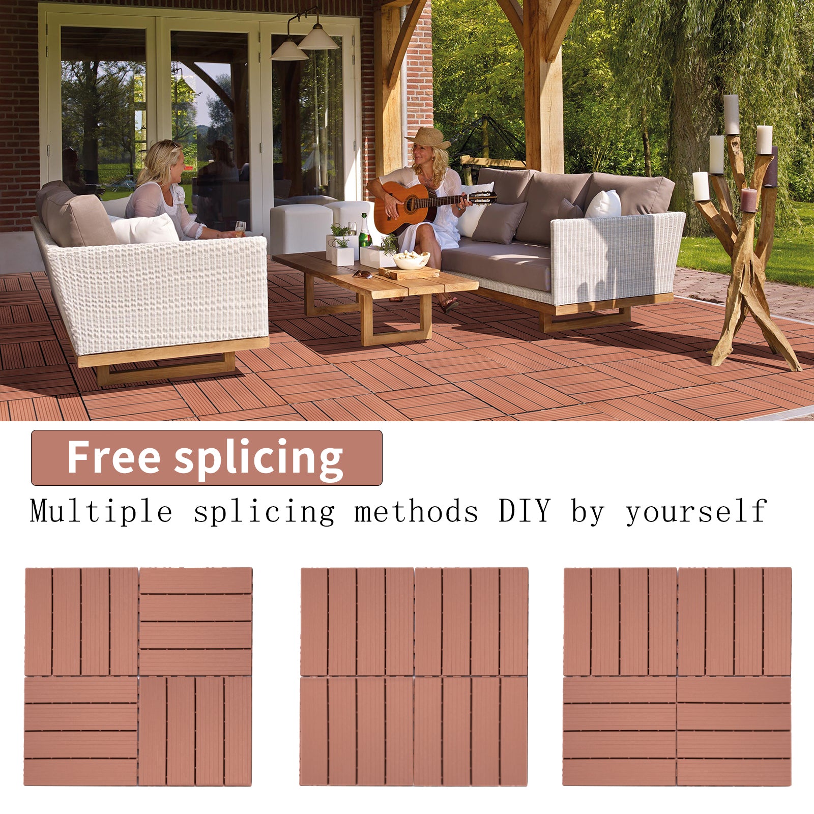Terracotta composite decking tiles arranged on an outdoor patio with furniture