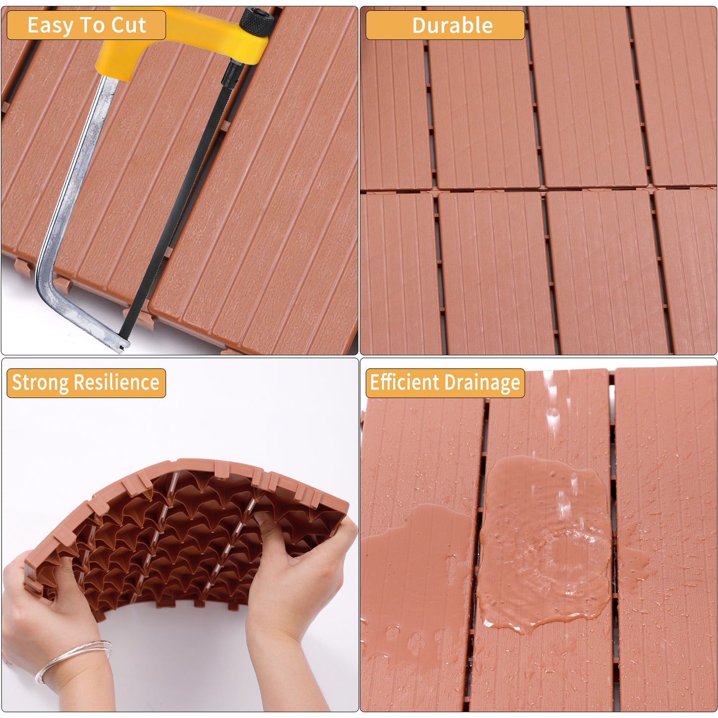 Brown interlocking deck tiles being cut with a hacksaw highlighting easy to cut feature