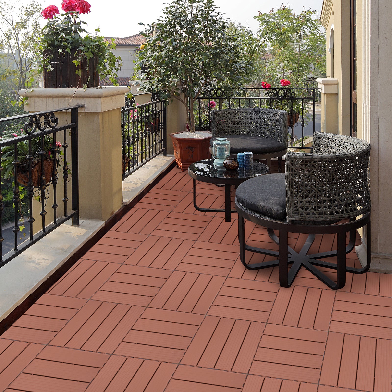 Red terracotta interlocking deck tiles with a woodgrain texture on a balcony