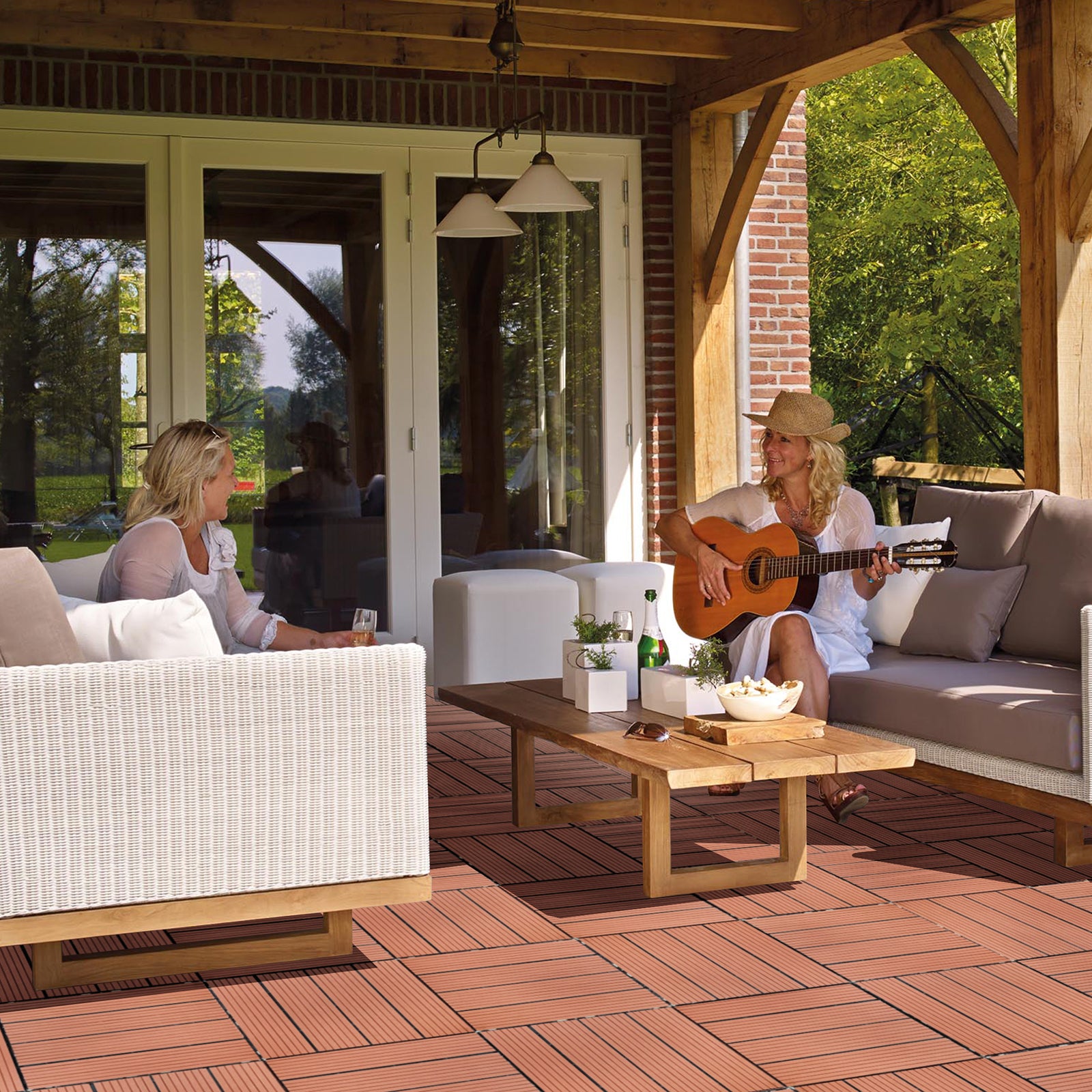 Woven rattan outdoor sofa with brown cushions and a wooden coffee table for relaxation