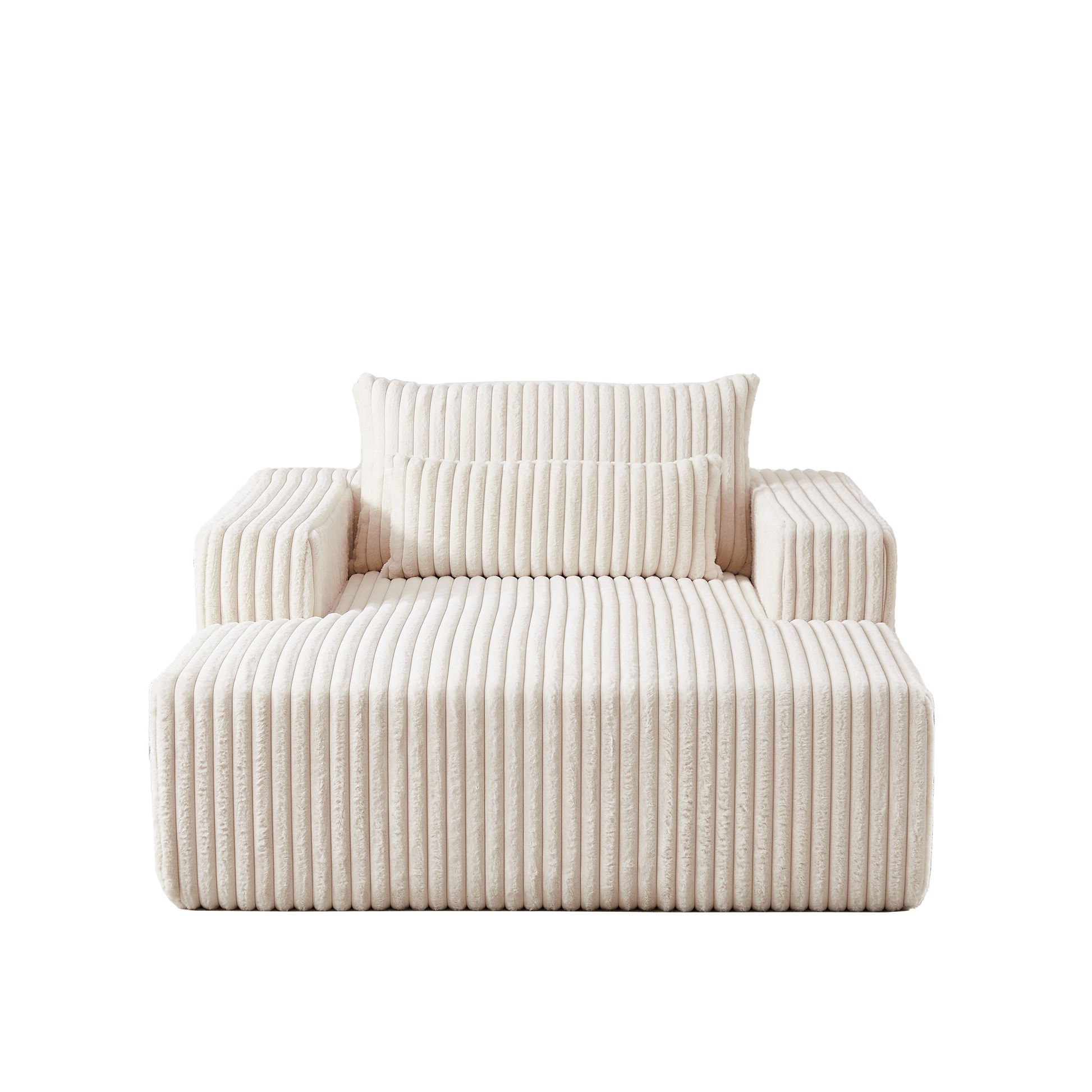 Cream corduroy modular sofa with plush channel tufting and matching ottoman