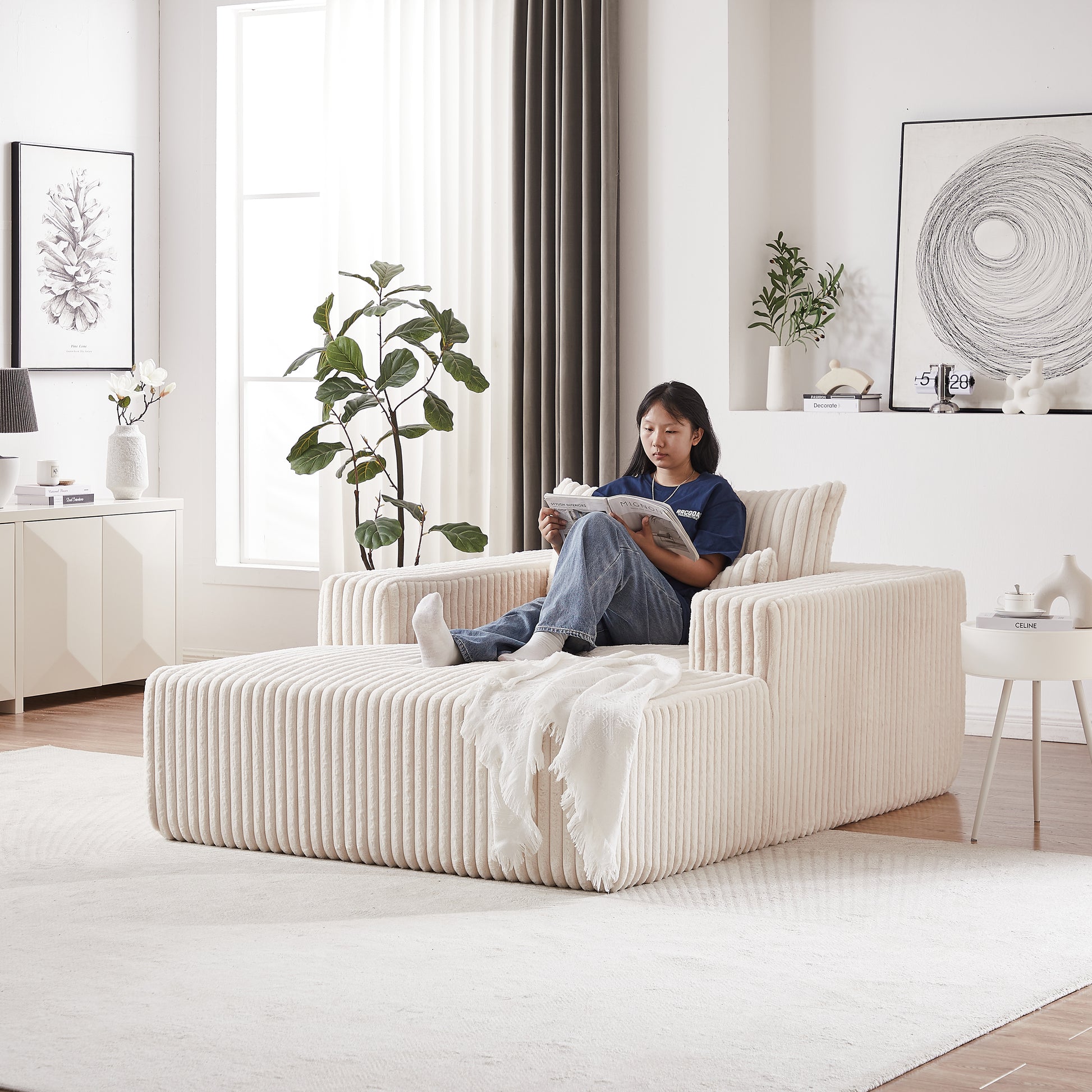 Beige corduroy sectional sofa with a chaise lounge for ultimate relaxation