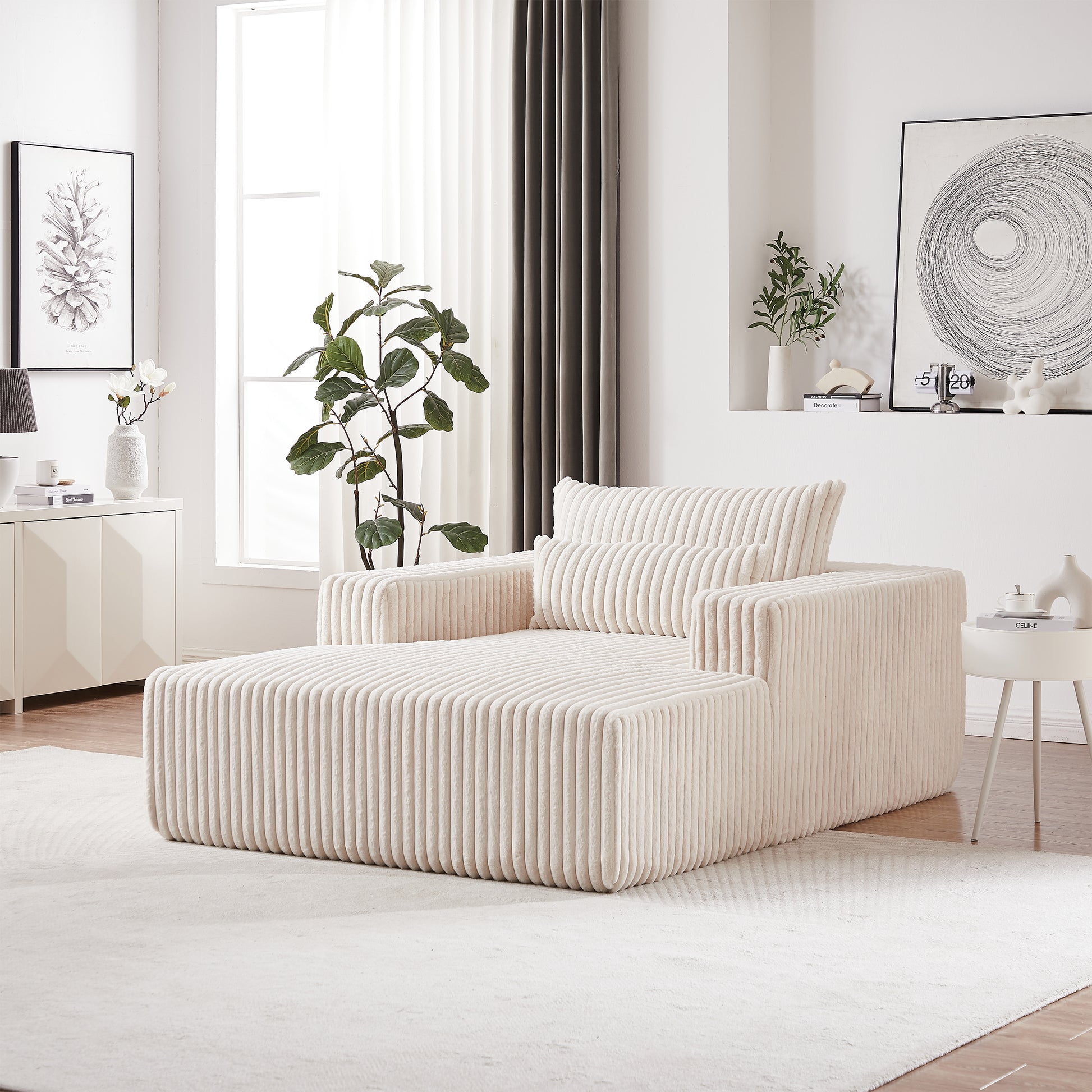 A plush corduroy sectional sofa in cream featuring deep seating and a chaise lounge