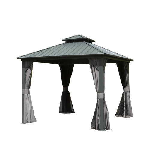 Grey metal roof gazebo with draped curtains for outdoor relaxation